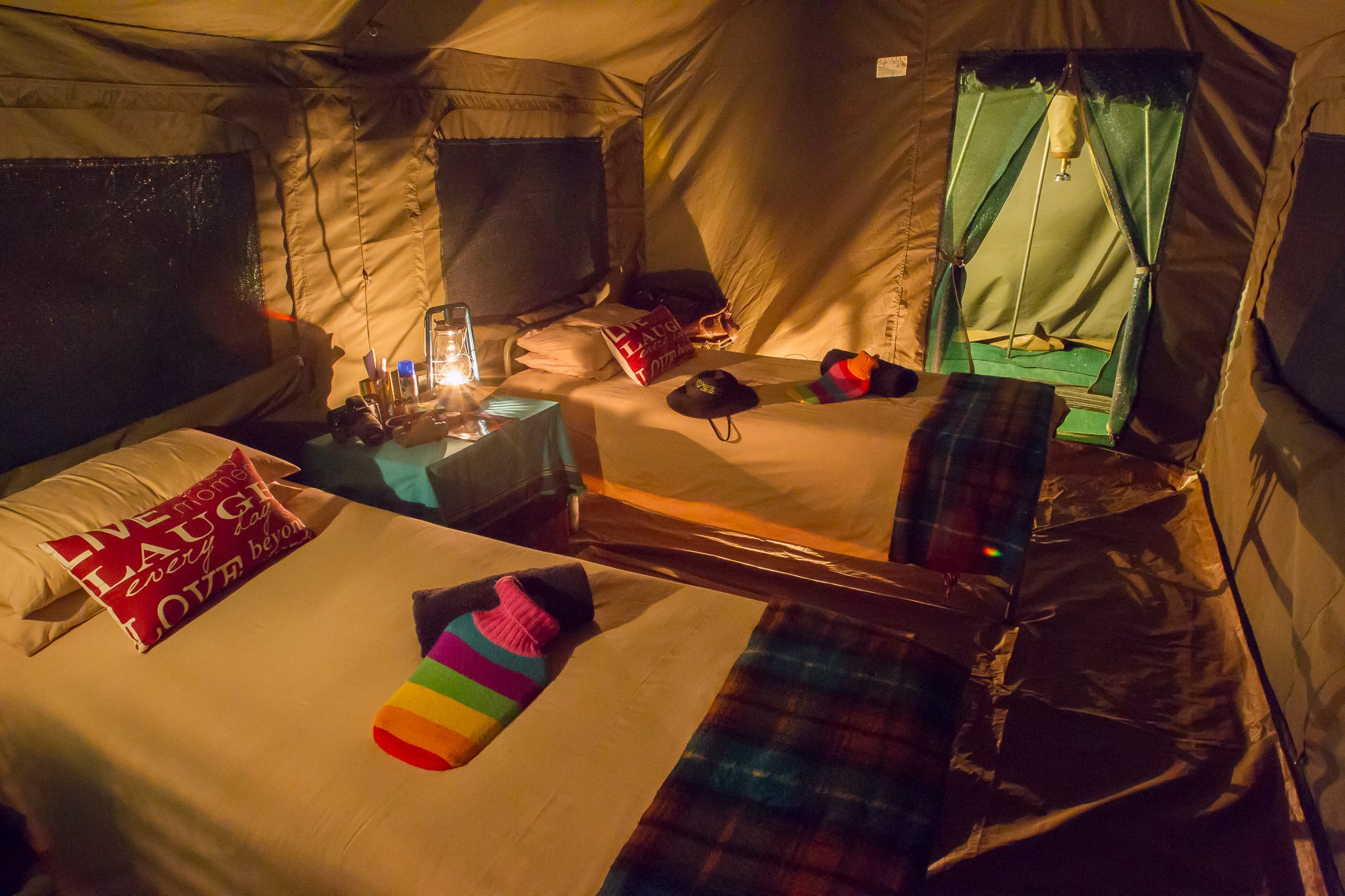 Botswana mobile safari internal tent camping beds