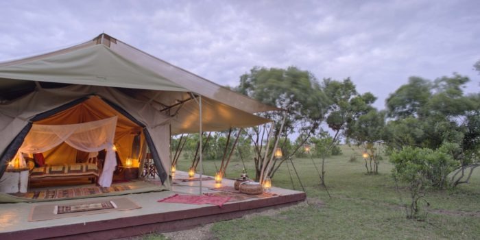 Saruni Wild double tent exterior at twilight Saruni Wild Masai Mara Kenya