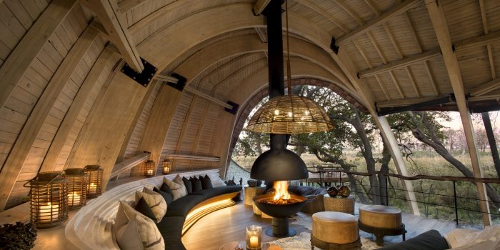 Botswana Sandibe Guest Area fireplace